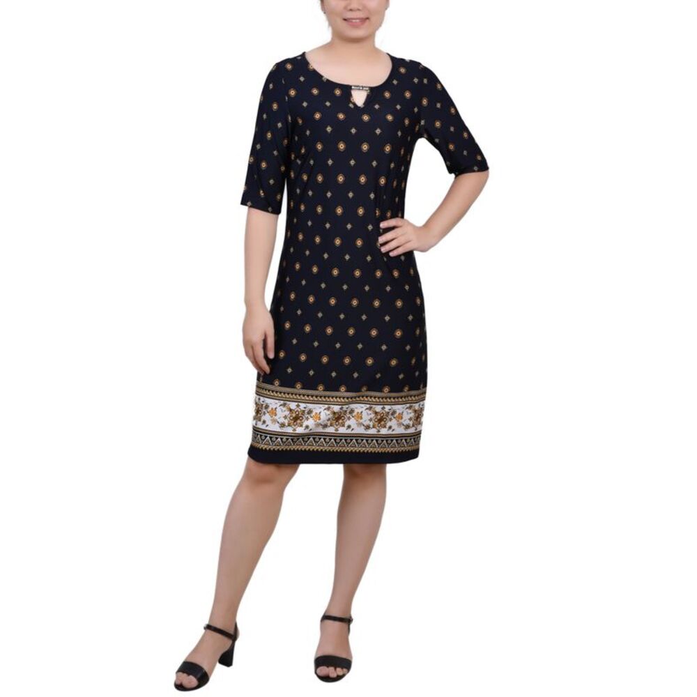 NY Collection Petite Elbow Sleeve Knee Length Dress with Hardware